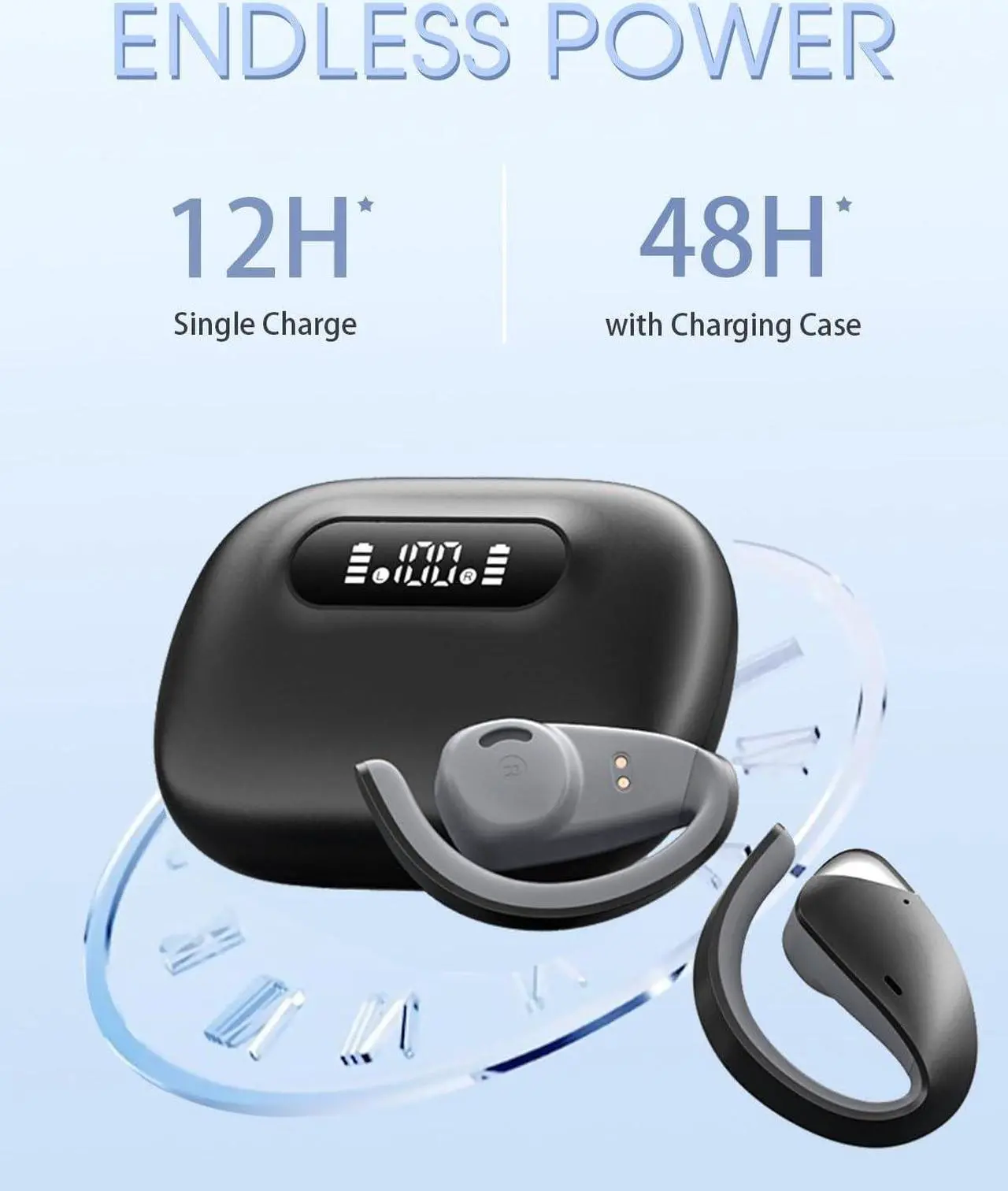 Alt view image 2 of 7 - Open Ear Earbuds - Bluetooth 5.3 Wireless Earbuds with Earhooks for 48H Long Time Playback, Superior HiFi Stereo Sound,LED Digital Display,ENC Call Noise Reduction,Sweatproof Workout Headphones