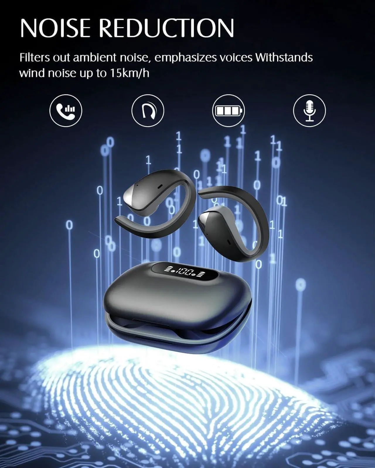 Alt view image 6 of 7 - Open Ear Earbuds - Bluetooth 5.3 Wireless Earbuds with Earhooks for 48H Long Time Playback, Superior HiFi Stereo Sound,LED Digital Display,ENC Call Noise Reduction,Sweatproof Workout Headphones