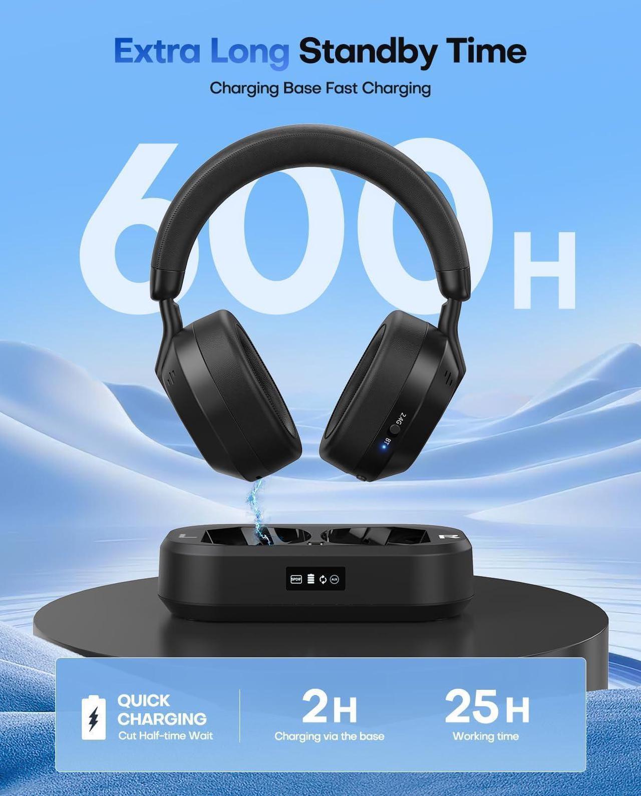 Alt view image 4 of 7 - Wireless Headphones for TV Watching, Ensemble-TV Headphones with LED Display TV Transmitter Charging Base, Bluetooth V5.3 Headphones No Lip-Sync Delay, Plug and Play, Gifts for Elderly (Black)