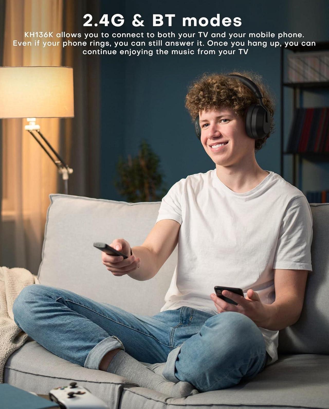 Alt view image 5 of 7 - Wireless Headphones for TV Watching, Ensemble-TV Headphones with LED Display TV Transmitter Charging Base, Bluetooth V5.3 Headphones No Lip-Sync Delay, Plug and Play, Gifts for Elderly (Black)