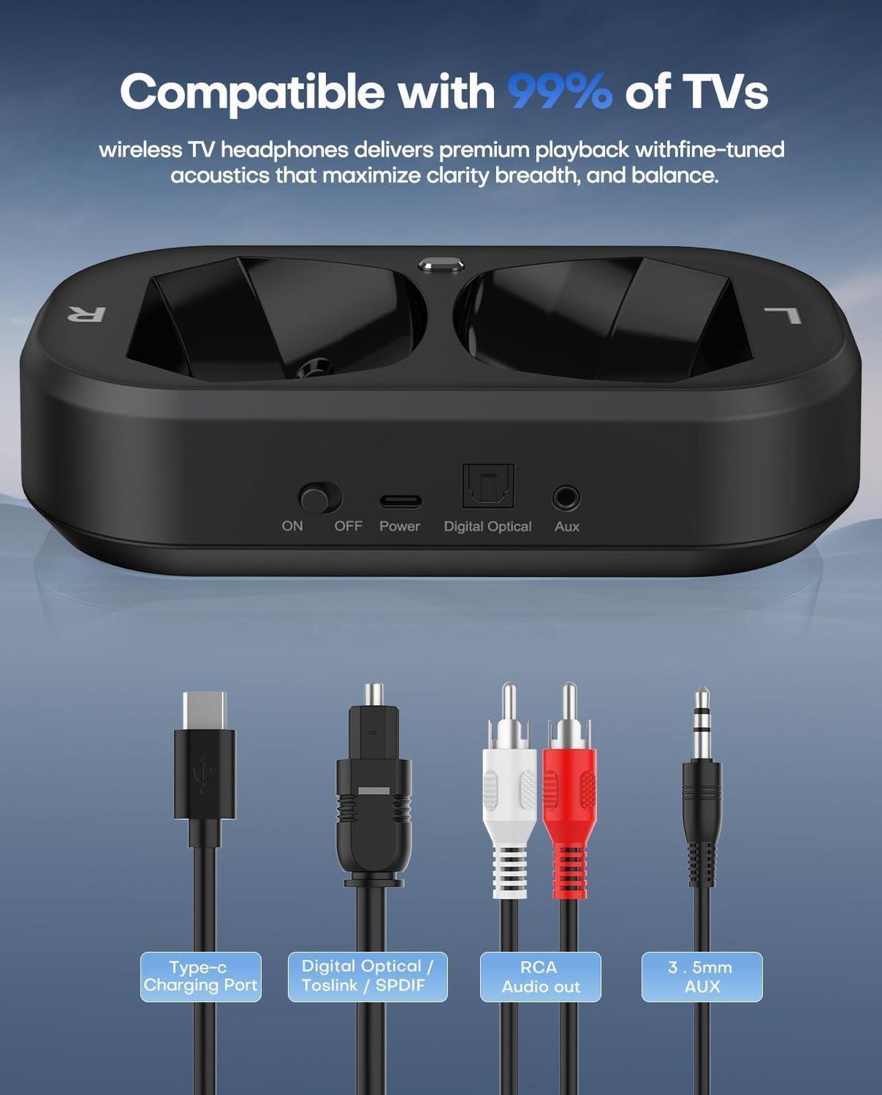 Alt view image 7 of 7 - Wireless Headphones for TV Watching, Ensemble-TV Headphones with LED Display TV Transmitter Charging Base, Bluetooth V5.3 Headphones No Lip-Sync Delay, Plug and Play, Gifts for Elderly (Black)