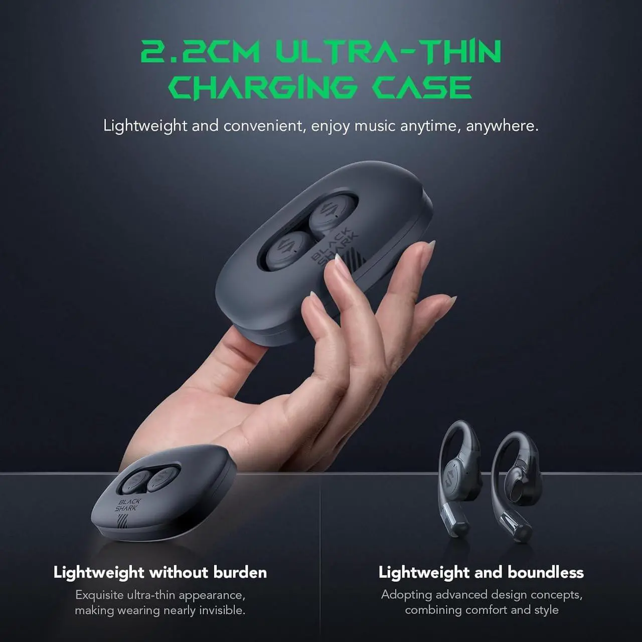 Alt view image 7 of 7 - Black Shark Open Ear Bluetooth Headphones, Bluetooth 5.3 Wireless Sports Earphones, Noise Canceling, IPX6 Waterproof, 0.06s Low Latency, Ultra-Thin Charging Case -Ideal for Sports/Outdoor Activities