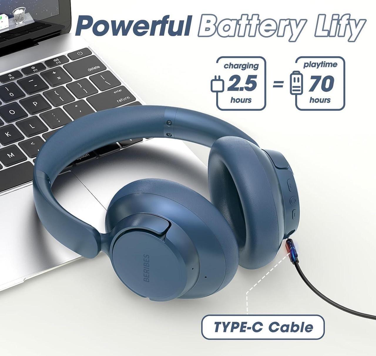 Alt view image 3 of 7 - BERIBES Upgraded Hybrid Active Noise Cancelling Wireless Headphones with Transparent Modes,70H Playtime Bluetooth Headphones Wireless with Mic, Deep Bass,3.5MM Cable,Soft-Earpads,Fast Charging-Blue