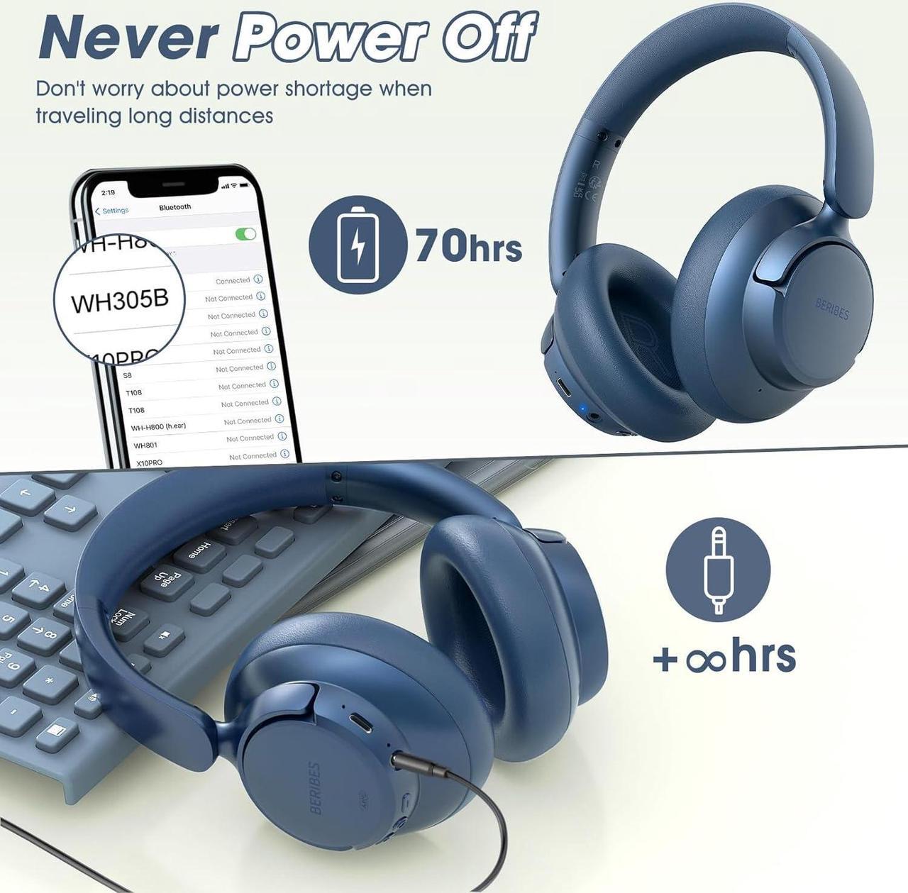 Alt view image 6 of 7 - BERIBES Upgraded Hybrid Active Noise Cancelling Wireless Headphones with Transparent Modes,70H Playtime Bluetooth Headphones Wireless with Mic, Deep Bass,3.5MM Cable,Soft-Earpads,Fast Charging-Blue