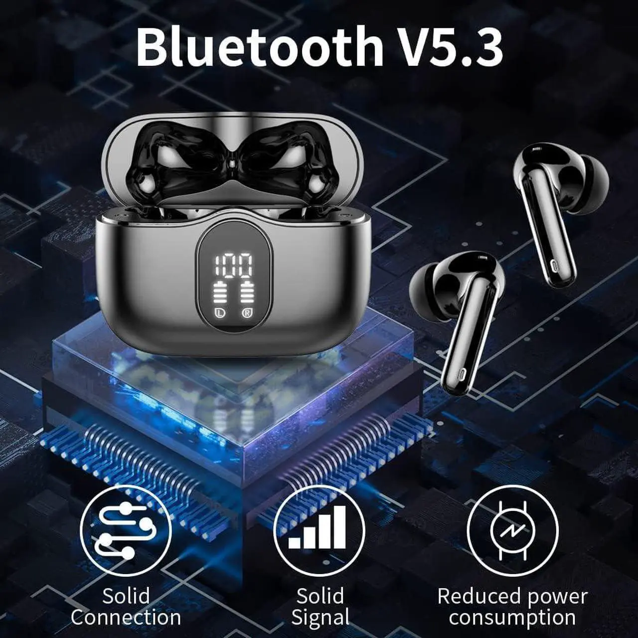 Alt view image 4 of 7 - Wireless Earbuds, Bluetooth 5.3 Headphones Bass Stereo, Ear Buds with Noise Cancelling Mic LED Display, IP7 Waterproof in Ear Earphones, 36H Playtime for Laptop Pad Phones Sports Workout, Black