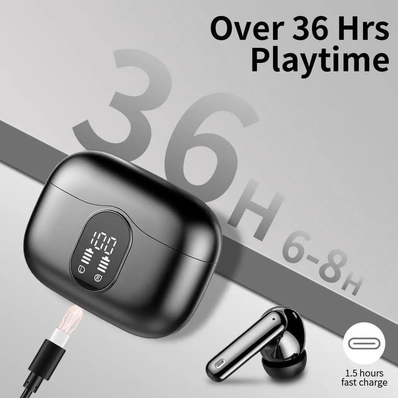 Alt view image 7 of 7 - Wireless Earbuds, Bluetooth 5.3 Headphones Bass Stereo, Ear Buds with Noise Cancelling Mic LED Display, IP7 Waterproof in Ear Earphones, 36H Playtime for Laptop Pad Phones Sports Workout, Black