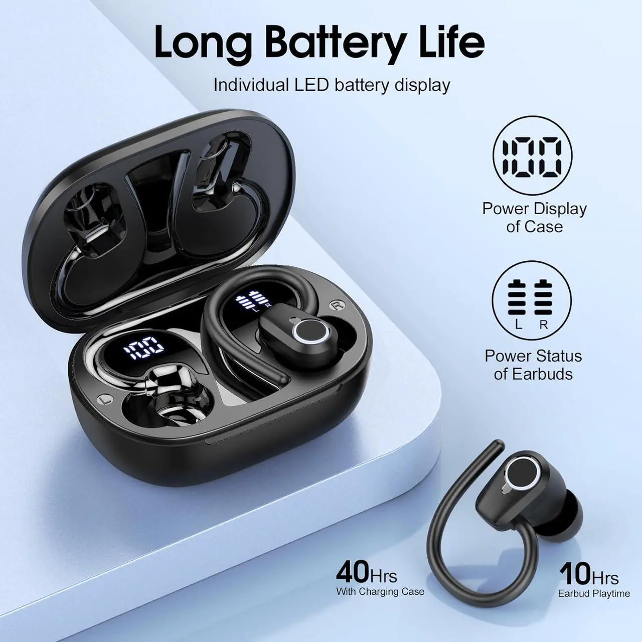 Alt view image 2 of 6 - Wireless Earbuds, Bluetooth 5.3 Headphones Sport, Ear buds Wireless Earbuds Bluetooth, 50H Playtime Dual LED Display, Deep Bass Stereo Noise Cancelling Headphones, IP7 Waterproof Earphones, Jet Black