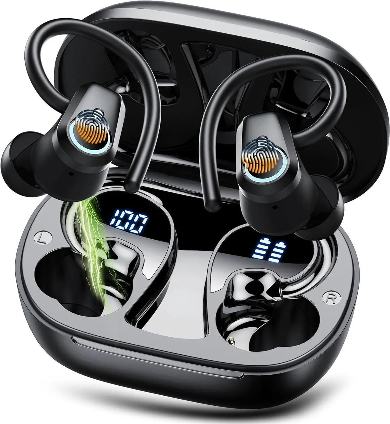 Main image of Wireless Earbuds, Bluetooth 5.3 Headphones Sport, Ear buds Wireless Earbuds Bluetooth, 50H Playtime Dual LED Display, Deep Bass Stereo Noise Cancelling Headphones, IP7 Waterproof Earphones, Jet Black