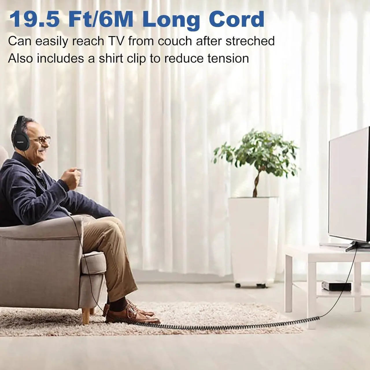 Alt view image 2 of 7 - 19.5Ft / 6M Extra Long Cord Headphones for TV PC with Volume Control, Spring Coiled Cable, 3.5mm AUX, Wired Over Ear Earphones for Seniors Hard of Hearing, Large Comfortable Computer Headset