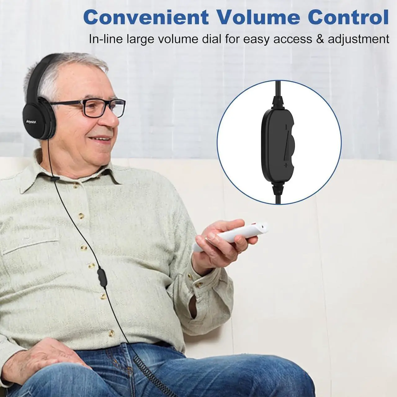 Alt view image 4 of 7 - 19.5Ft / 6M Extra Long Cord Headphones for TV PC with Volume Control, Spring Coiled Cable, 3.5mm AUX, Wired Over Ear Earphones for Seniors Hard of Hearing, Large Comfortable Computer Headset