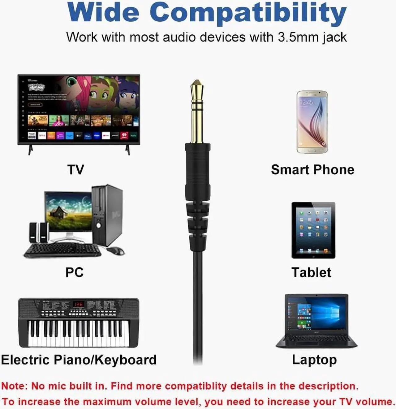 Alt view image 6 of 7 - 19.5Ft / 6M Extra Long Cord Headphones for TV PC with Volume Control, Spring Coiled Cable, 3.5mm AUX, Wired Over Ear Earphones for Seniors Hard of Hearing, Large Comfortable Computer Headset