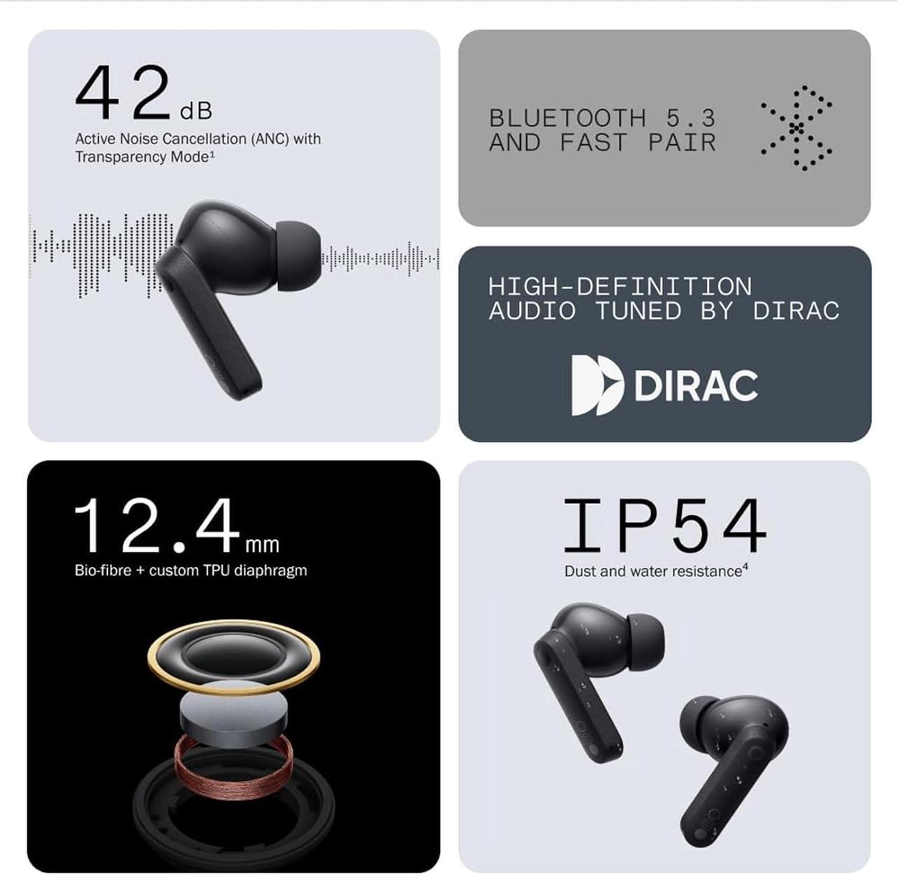 Alt view image 2 of 6 - CMF Buds Wireless Bluetooth Earbuds, 42dB Noise Cancelling Earbuds, Dirac HD Audio, 35.5H Playtime, BT5.3, IP54 Waterproof, 4HD Mics Wireless Headphones for iPhone & Android (Dark Grey)