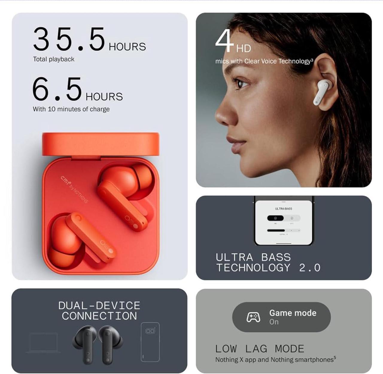 Alt view image 3 of 6 - CMF Buds Wireless Bluetooth Earbuds, 42dB Noise Cancelling Earbuds, Dirac HD Audio, 35.5H Playtime, BT5.3, IP54 Waterproof, 4HD Mics Wireless Headphones for iPhone & Android (Dark Grey)