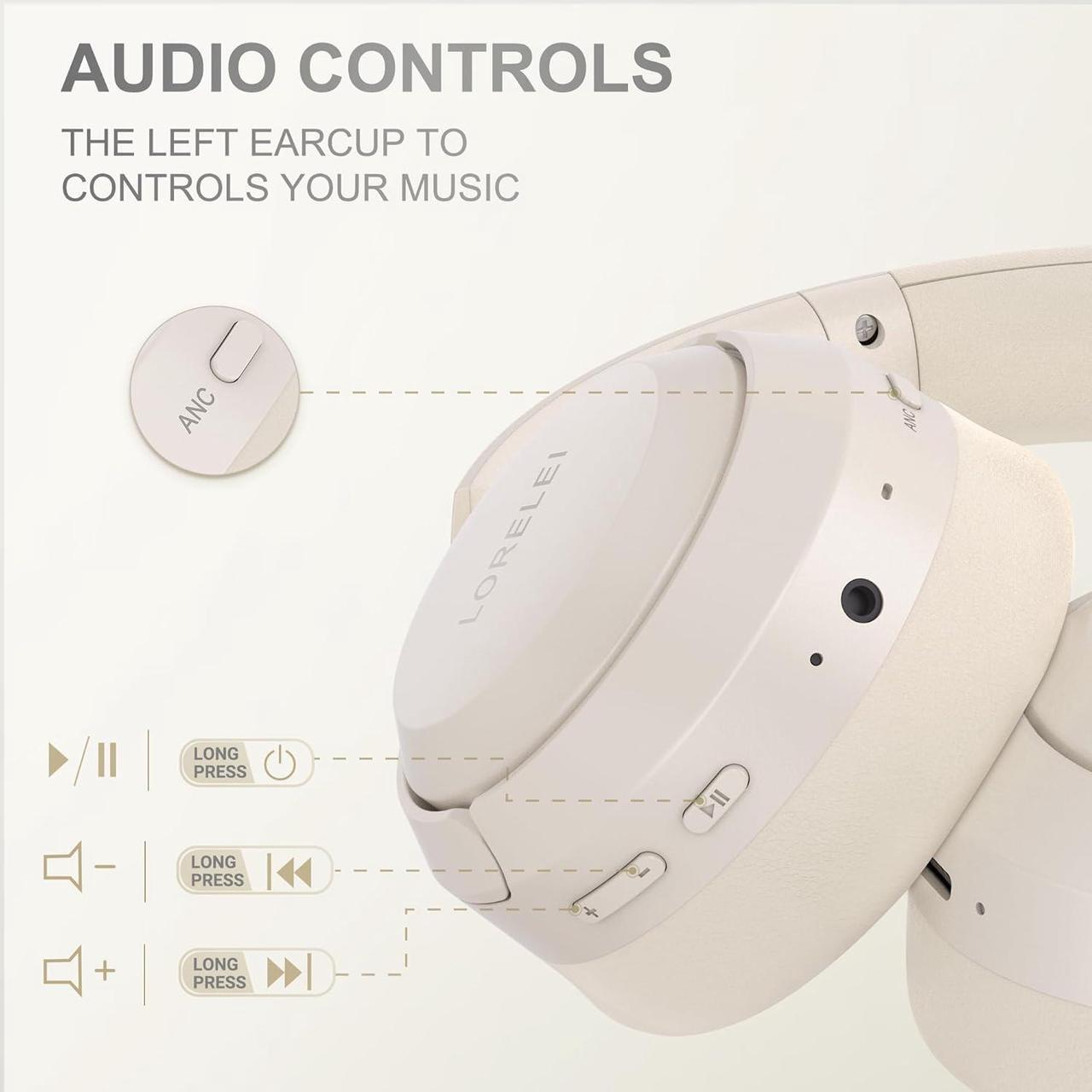 Alt view image 2 of 7 - LORELEI QC60 Hybrid Active Noise Cancenlling Headphones,Wireless over ear Bluetooth Headsets with mic, 60H Playtime Foldable Lightweight, Deep Bass, Memory Earmuffs,for Travel Home Office(Beige White)