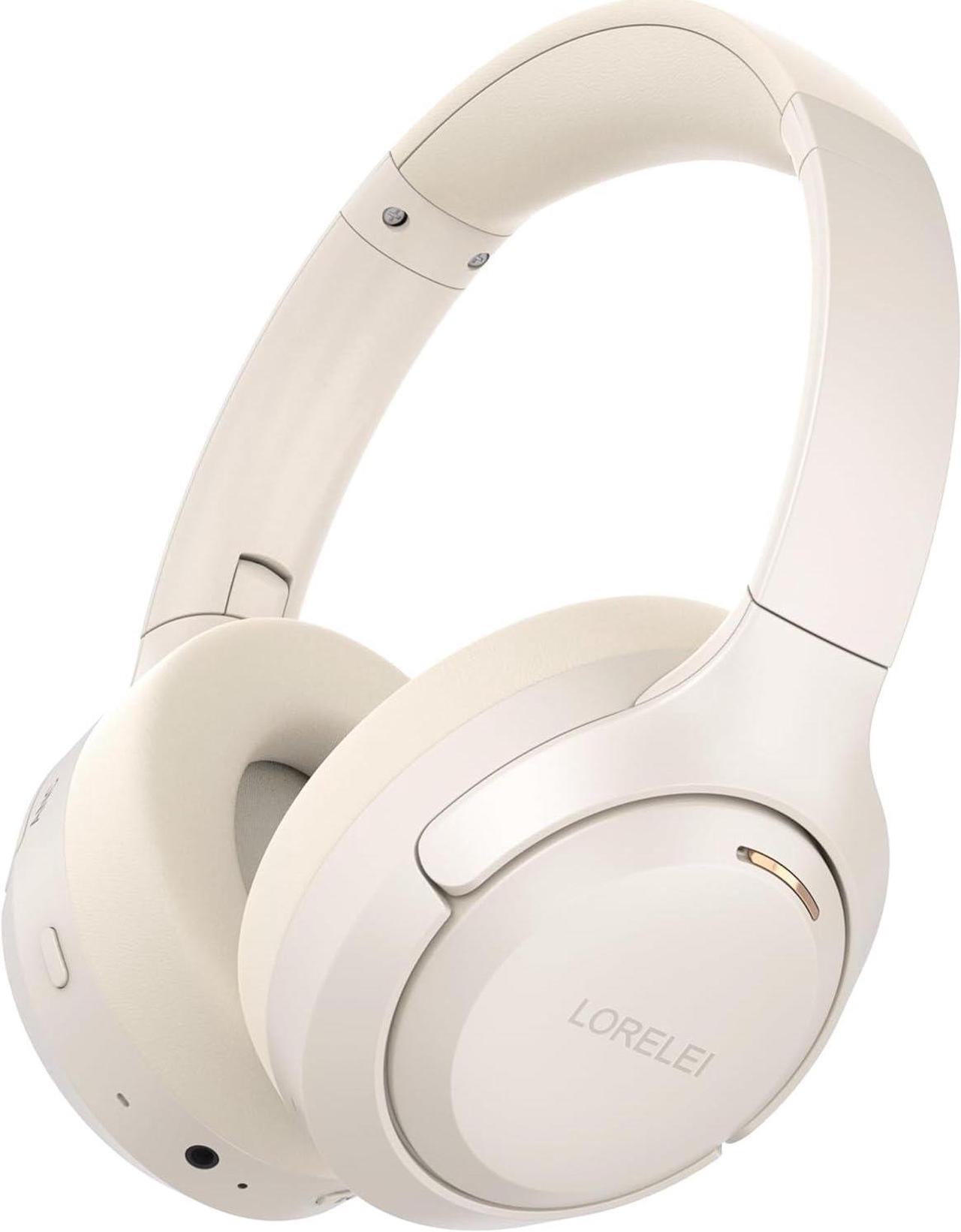 Alt view image 6 of 7 - LORELEI QC60 Hybrid Active Noise Cancenlling Headphones,Wireless over ear Bluetooth Headsets with mic, 60H Playtime Foldable Lightweight, Deep Bass, Memory Earmuffs,for Travel Home Office(Beige White)