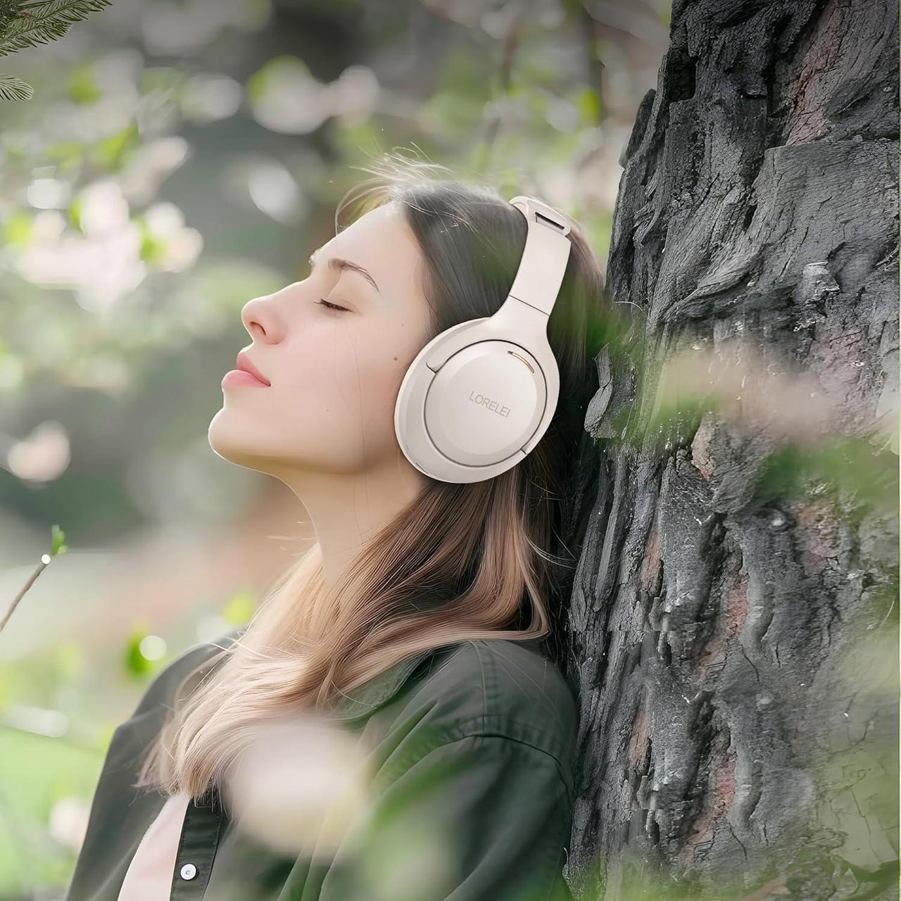 Alt view image 7 of 7 - LORELEI QC60 Hybrid Active Noise Cancenlling Headphones,Wireless over ear Bluetooth Headsets with mic, 60H Playtime Foldable Lightweight, Deep Bass, Memory Earmuffs,for Travel Home Office(Beige White)