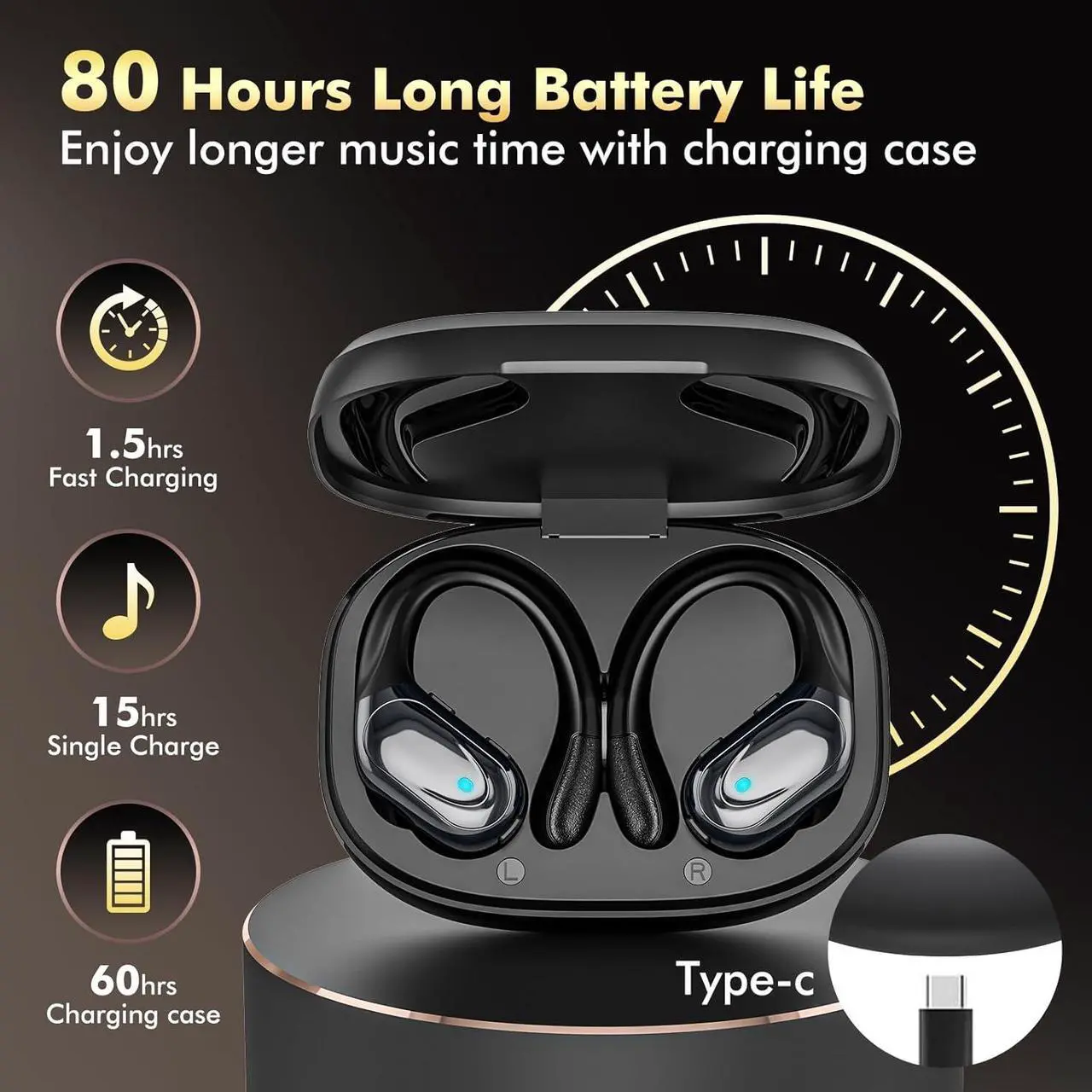 Alt view image 2 of 7 - Wireless Earbuds Bluetooth Headphones 80hrs Playback Ear Buds Power Display with Noise Canceling Mic Headsets for Sports/Workout/Running Black