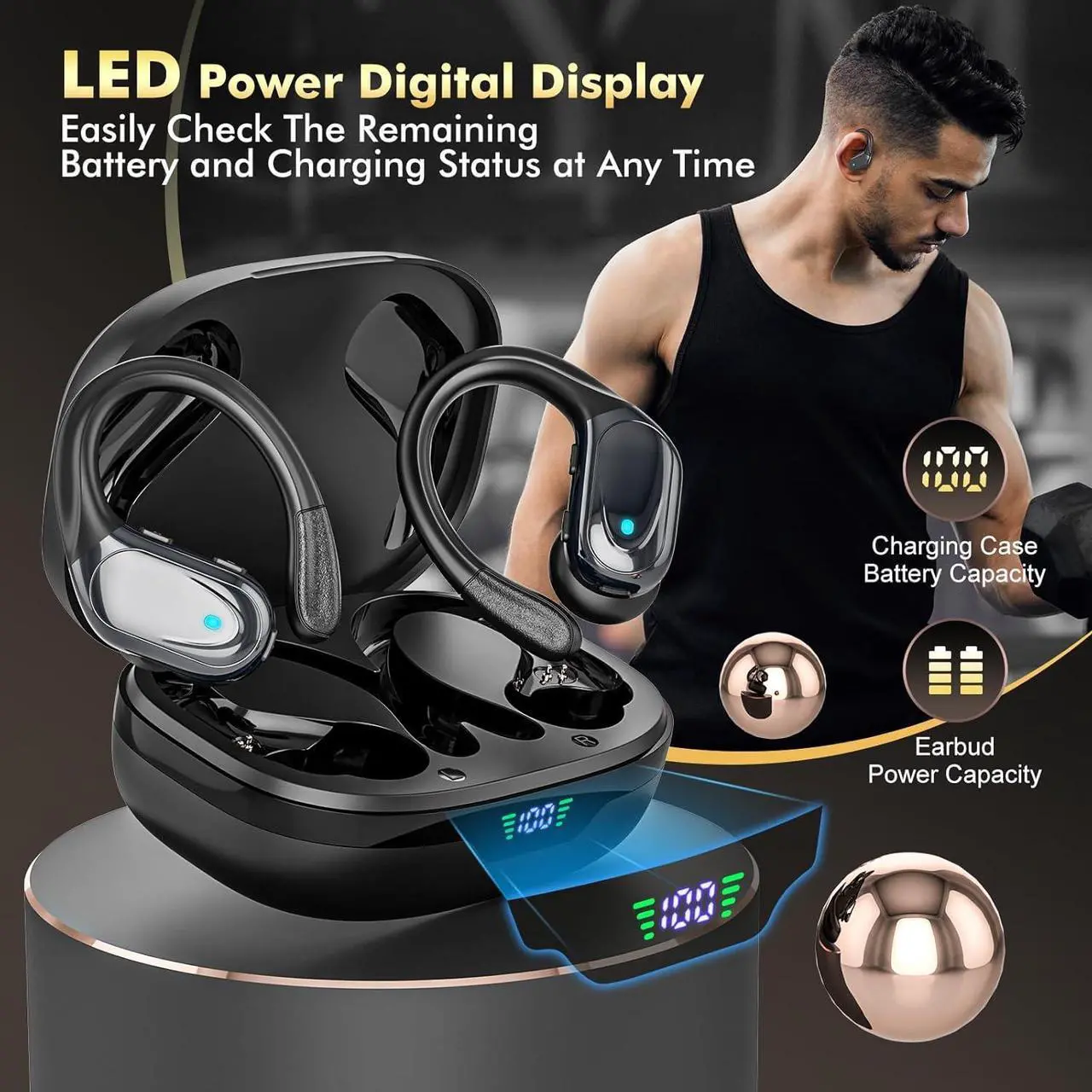 Alt view image 7 of 7 - Wireless Earbuds Bluetooth Headphones 80hrs Playback Ear Buds Power Display with Noise Canceling Mic Headsets for Sports/Workout/Running Black