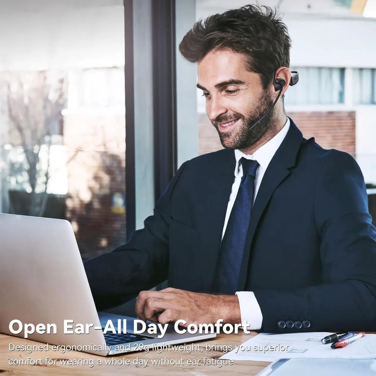 Alt view image 3 of 6 - LEVN Open Ear Headphones with Mic, Bluetooth Headset with Microphone (AI Noise Cancelling), Comfort Bluetooth 5.3 Headphones, Sweatproof Wireless Headphones with Mic for Work, Running, Workouts