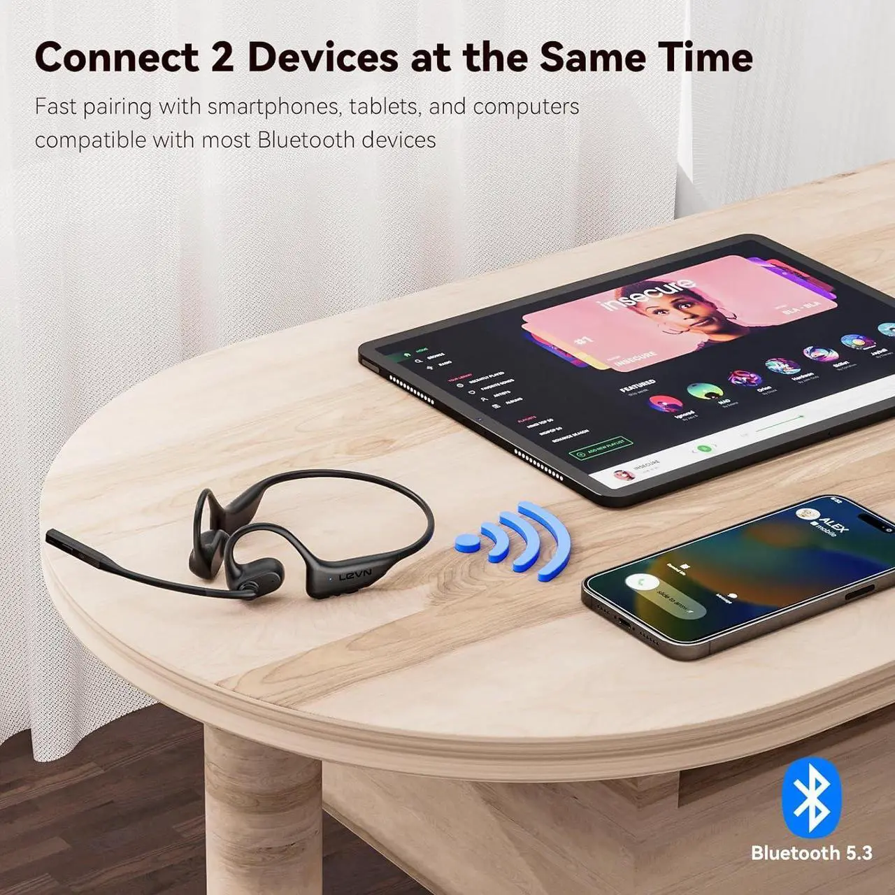 Alt view image 4 of 6 - LEVN Open Ear Headphones with Mic, Bluetooth Headset with Microphone (AI Noise Cancelling), Comfort Bluetooth 5.3 Headphones, Sweatproof Wireless Headphones with Mic for Work, Running, Workouts
