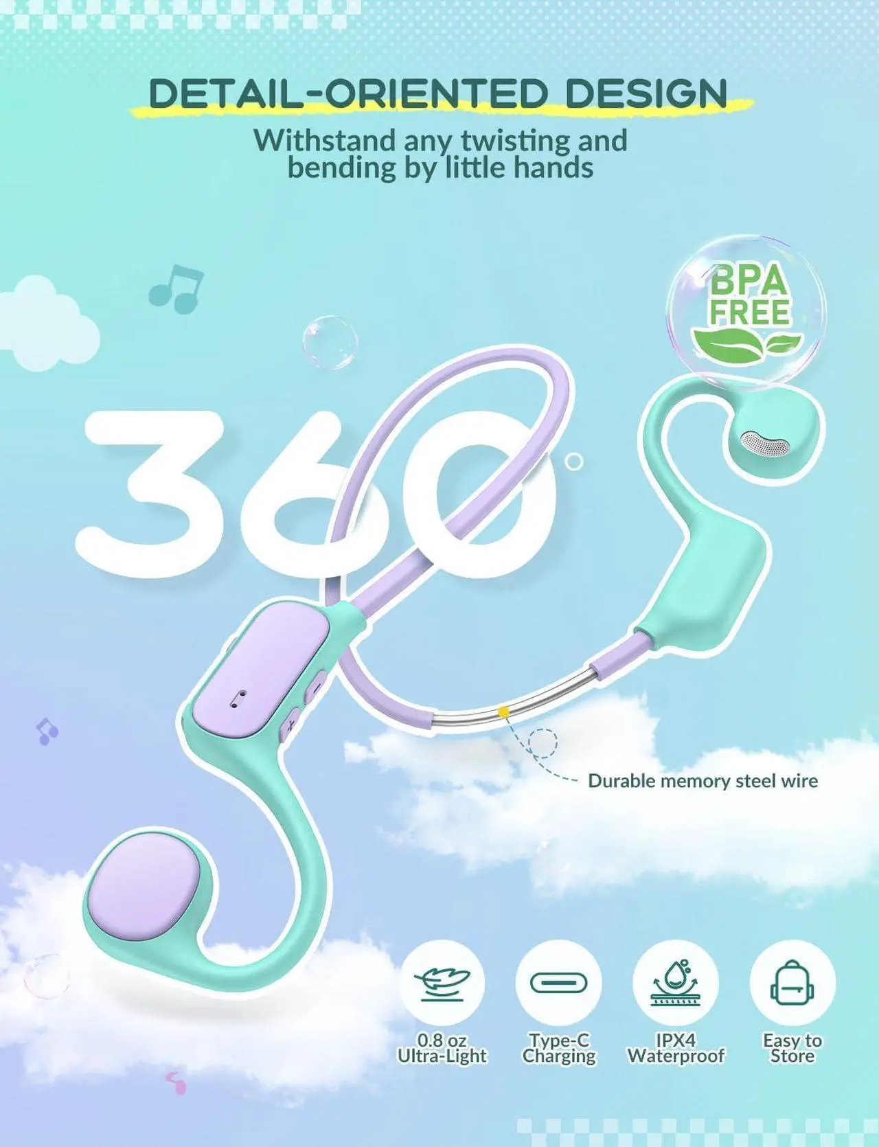 Alt view image 4 of 5 - iClever Kids Headphones, Bluetooth 5.4 Air Conduction Open Ear Headphones, Safe Volume 74&85 dBA, Clear Audio, 360° Bending, Ultra-Light Comfortable Kids Wireless Headphones for iPad/Travel/Sports