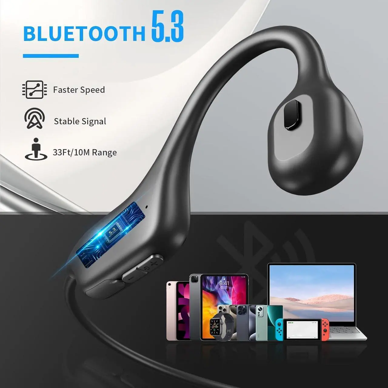 Alt view image 3 of 7 - Bone Conduction Headphones, Sports Headphones Wireless Bluetooth 5.3 with Mic, IPX7 Waterproof Sweatproof Open Ear Headphones for Running, Cycling, Gym(Black)