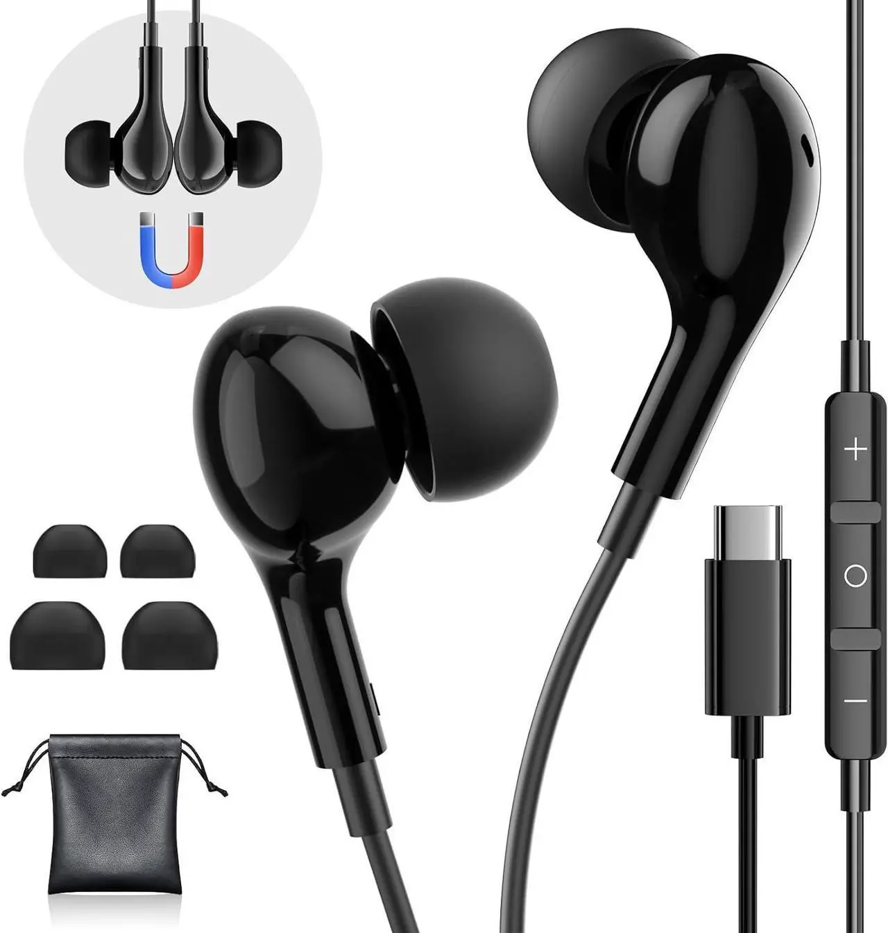 Main image of USB C Headphones for iPhone 16 Wired Earphones for Samsung Galaxy S24/S23/S22/S21 Ultra for iPhone 15 Pro Wired Earbuds with Mic Stereo Noise Cancelling Type C Earbuds for Pixel 9/Oneplus 12, Black