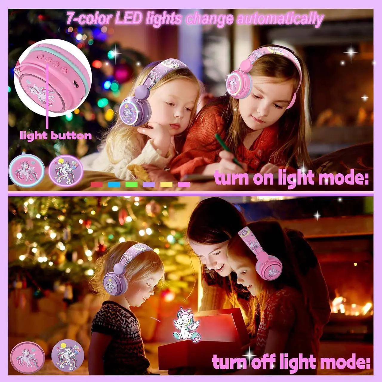 Alt view image 4 of 7 - Kids Headphones Unicorn, Color Changing LED Light Wireless Bluetooth Headphones for Kids Girls Boys School, Anime Over-Ear Bluetooth Headphones with Microphone for Tablet/ipad/Travel (Pink)