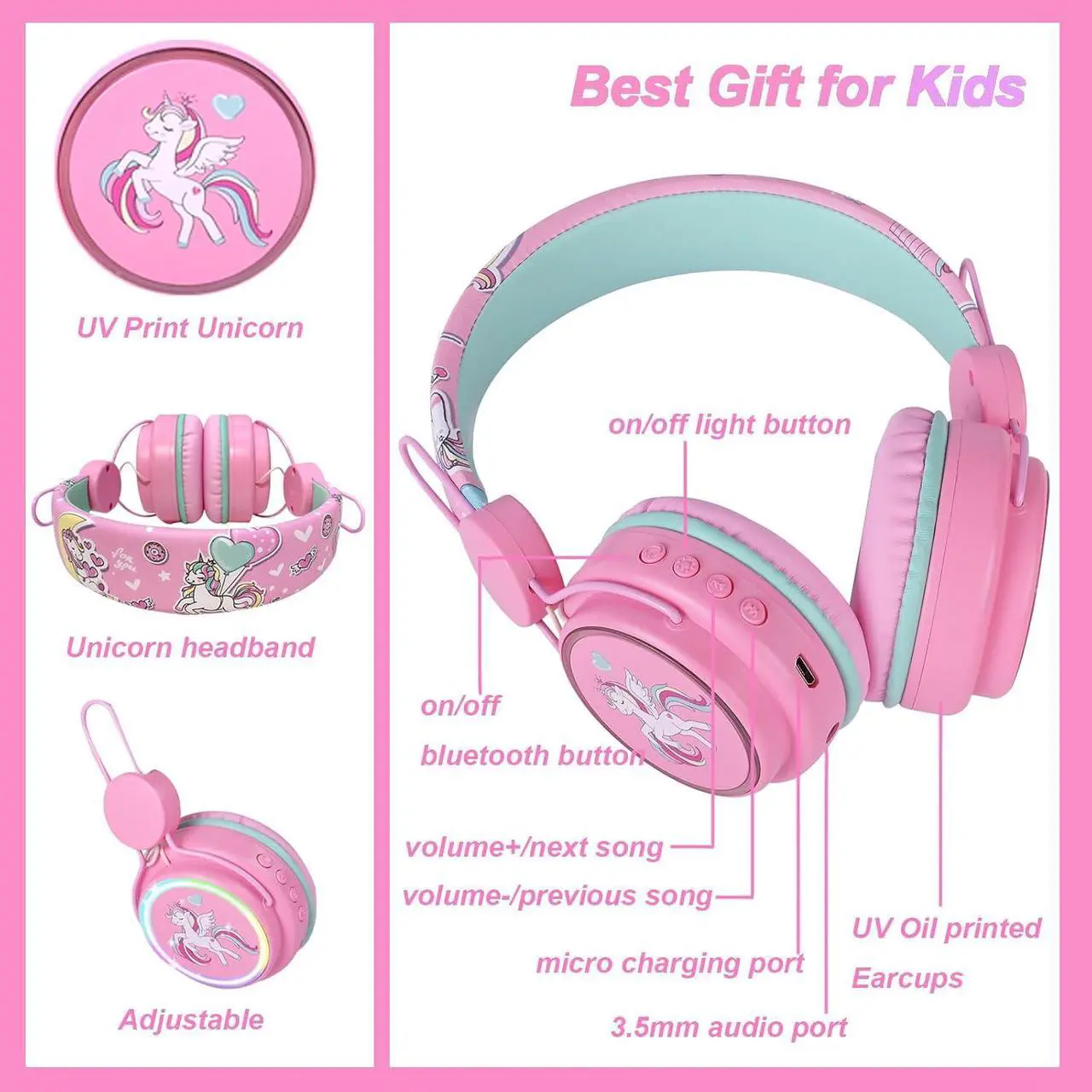 Alt view image 6 of 7 - Kids Headphones Unicorn, Color Changing LED Light Wireless Bluetooth Headphones for Kids Girls Boys School, Anime Over-Ear Bluetooth Headphones with Microphone for Tablet/ipad/Travel (Pink)