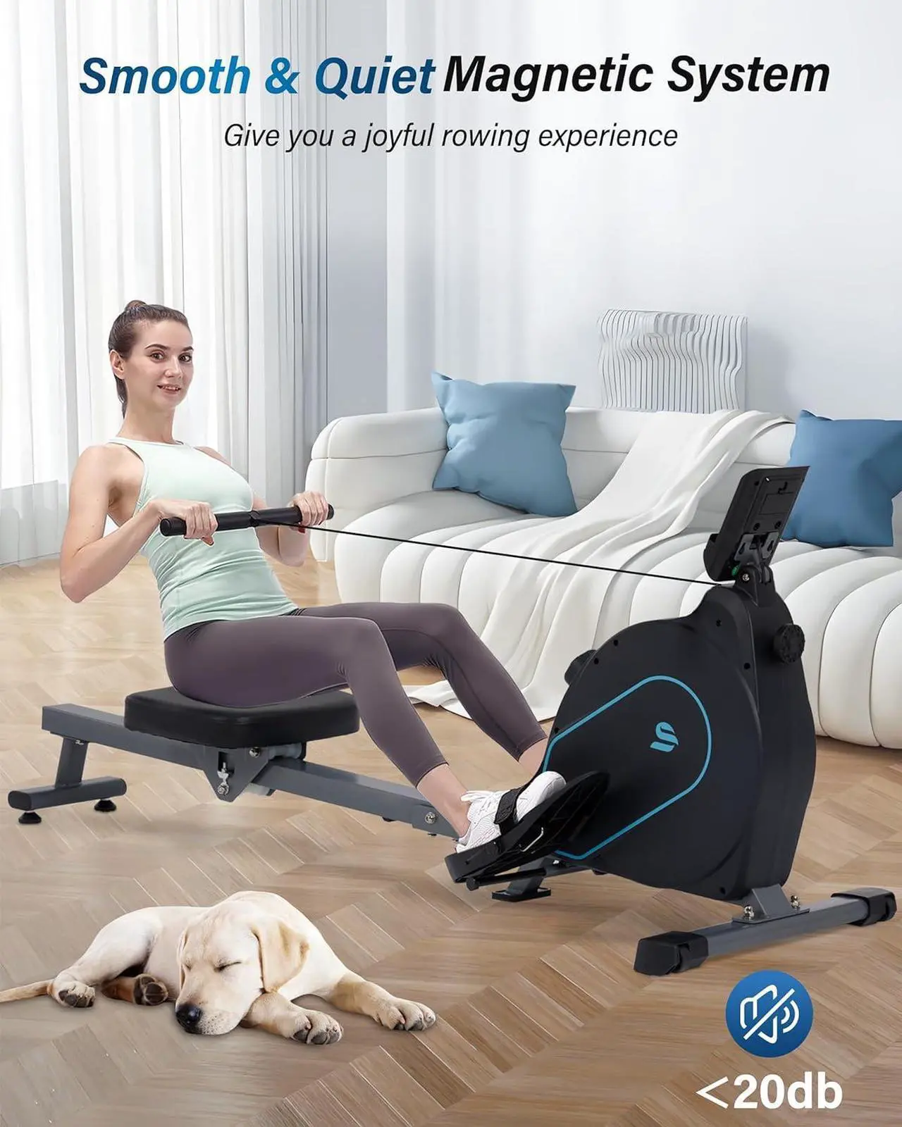 Alt view image 2 of 7 - ECHANFIT Rowing Machine for Home Use - Rower with 16 Levels Adjustable Resistance, Ergonomic Seat, Tablet Holder, LCD Monitor and 350 LB Weight Capacity