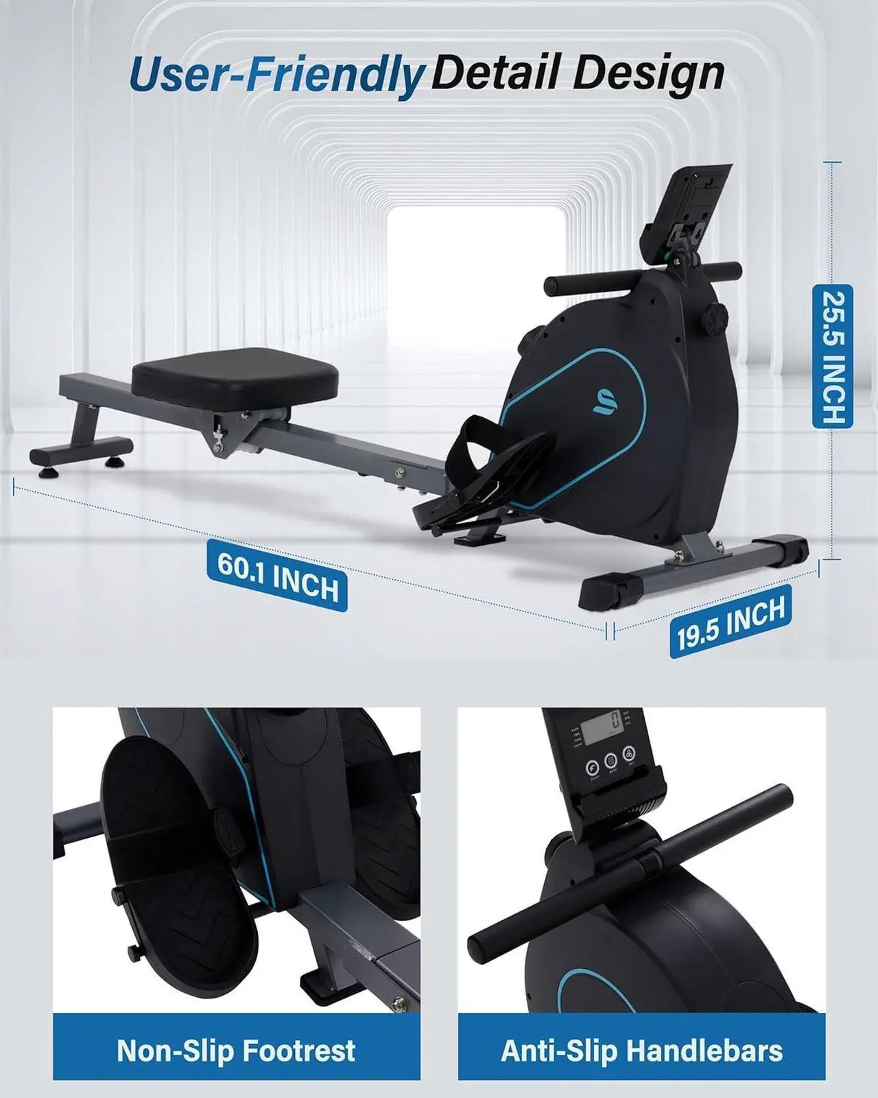 Alt view image 3 of 7 - ECHANFIT Rowing Machine for Home Use - Rower with 16 Levels Adjustable Resistance, Ergonomic Seat, Tablet Holder, LCD Monitor and 350 LB Weight Capacity