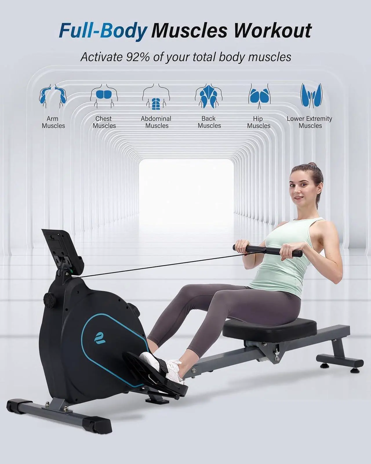 Alt view image 4 of 7 - ECHANFIT Rowing Machine for Home Use - Rower with 16 Levels Adjustable Resistance, Ergonomic Seat, Tablet Holder, LCD Monitor and 350 LB Weight Capacity
