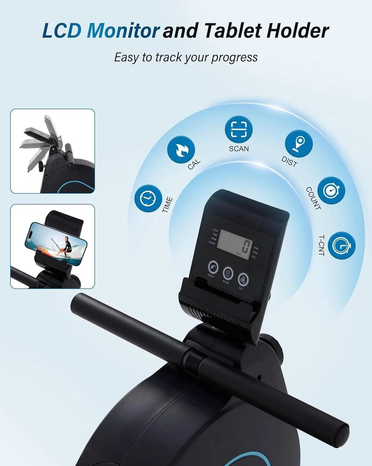 Alt view image 5 of 7 - ECHANFIT Rowing Machine for Home Use - Rower with 16 Levels Adjustable Resistance, Ergonomic Seat, Tablet Holder, LCD Monitor and 350 LB Weight Capacity
