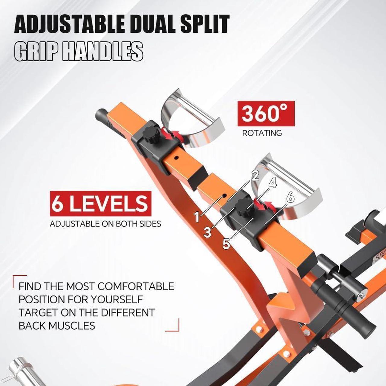 Alt view image 3 of 7 - SPART Seated Row Machine, Plate Loaded Lat and Back Workout Equipment, Back Gym Machine with Independent Arms & 360° Rotary Grip Handles, Upper Body Special Machine with Bicep Curl Bar, 440LB Capacity