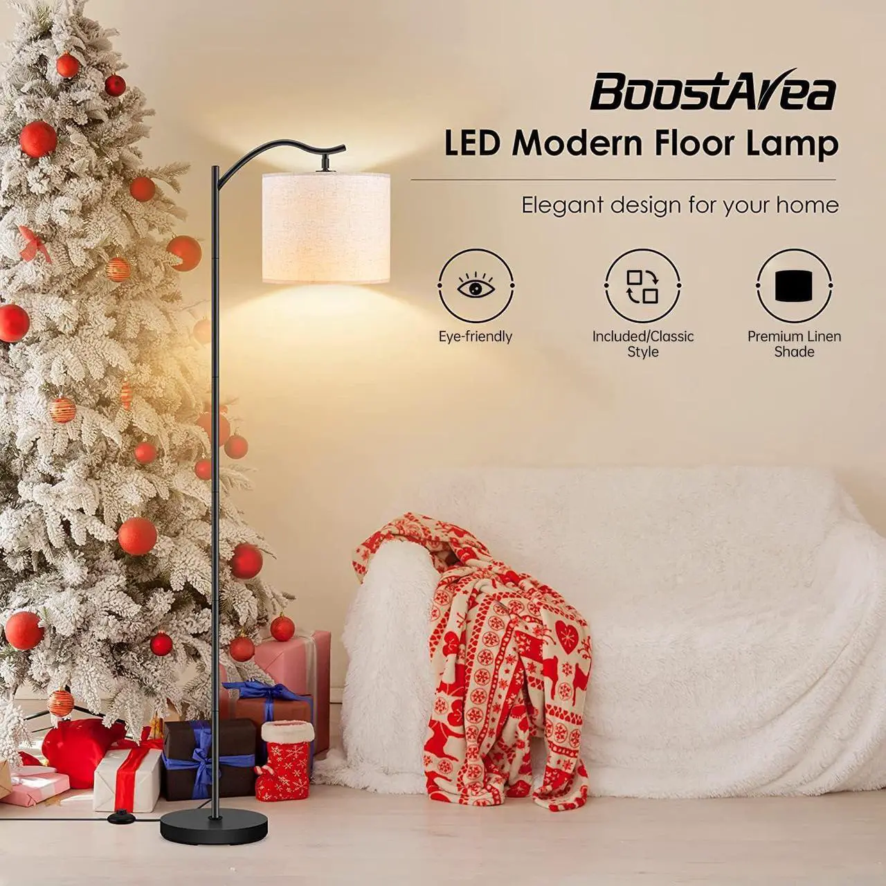Alt view image 2 of 7 - BoostArea Floor Lamp for Living Room,LED Arched Floor Lamp, Tall Modern Standing Lamp with Beige Linen Shade,Footswitch,Mid Century Floor Lamp for Bedrooms,Study Room,Office