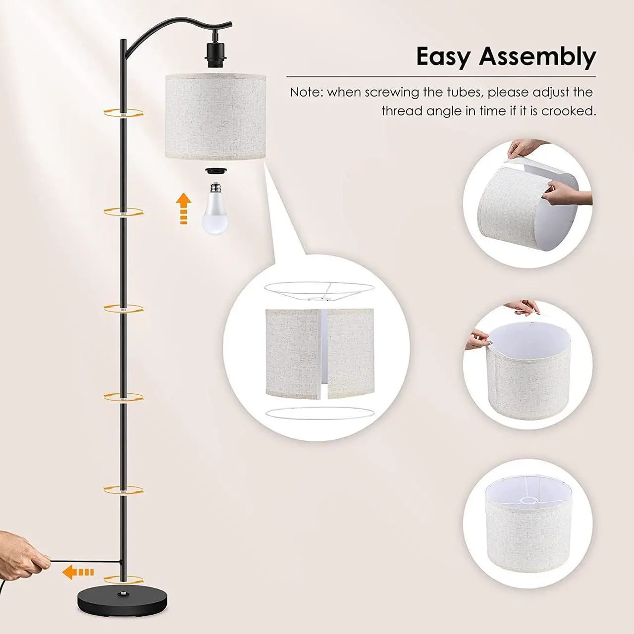 Alt view image 7 of 7 - BoostArea Floor Lamp for Living Room,LED Arched Floor Lamp, Tall Modern Standing Lamp with Beige Linen Shade,Footswitch,Mid Century Floor Lamp for Bedrooms,Study Room,Office
