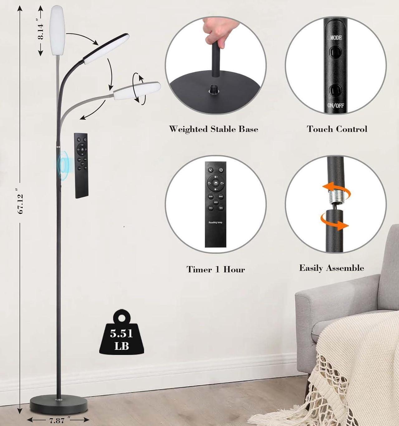 Alt view image 3 of 7 - LED Floor Lamp, Floor Lamp, Reading Lamp, Remote and Touch Control, 2700K-6500K Gooseneck Dimmable Standing Tall Lamp, 1H Timer, Eyelash Lamp, Task Lighting for Bedroom Office Living Room Study