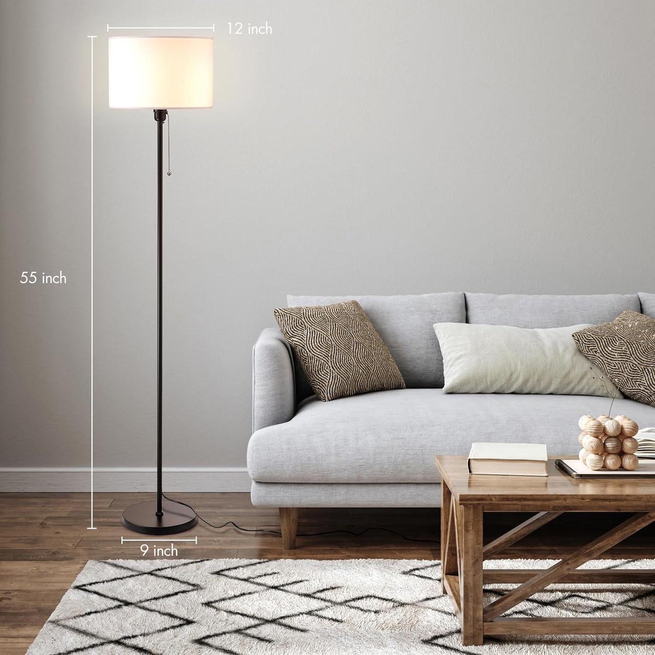 Alt view image 2 of 7 - OBright Ted - Drum Shade Standing Lamp, Pull Chain Switch, E26 Socket, Modern Minimalist Design, Simple Floor Lamp for Living Room, Bedroom, Office, Black