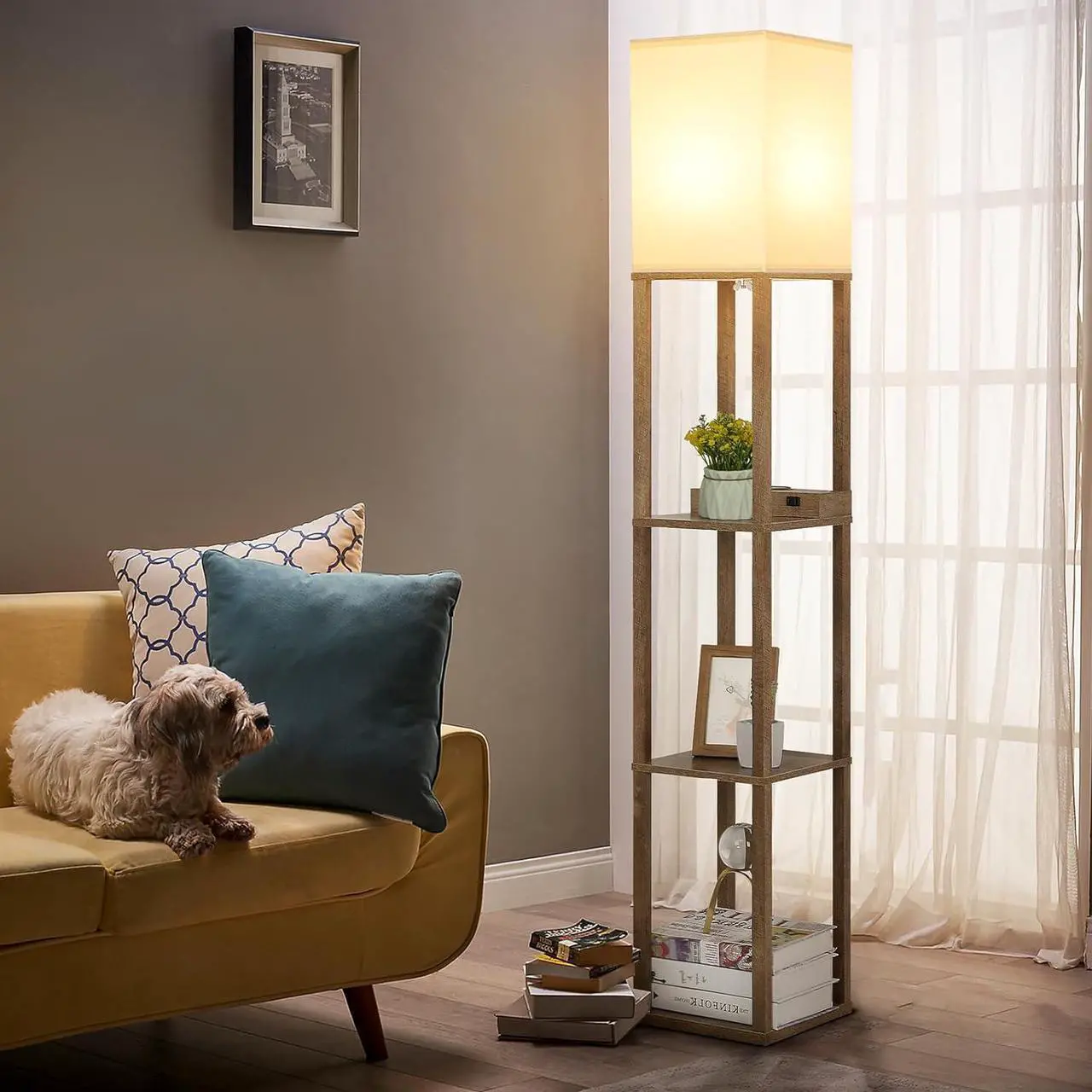 Alt view image 3 of 7 - Mlambert Modern Shelf Floor Lamp with Wireless Charger & Fast Charging USB Ports & Type C Port & 2 Power Outlets,3 Tier Storage Lamp for Bedroom(Wood)