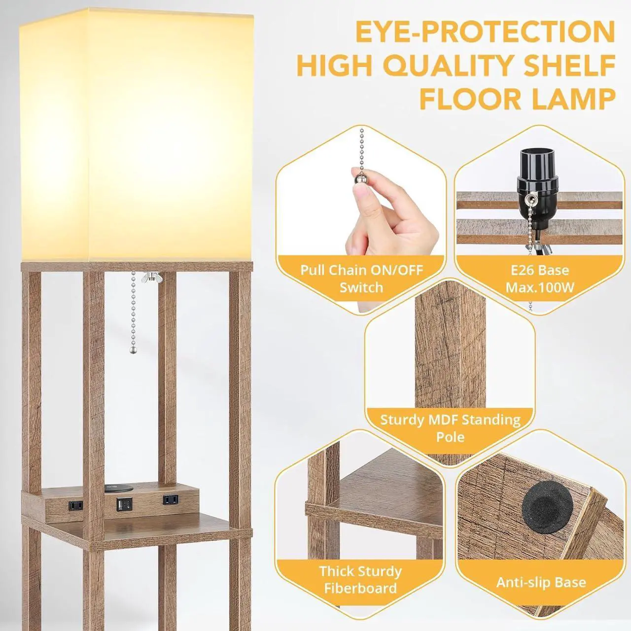 Alt view image 4 of 7 - Mlambert Modern Shelf Floor Lamp with Wireless Charger & Fast Charging USB Ports & Type C Port & 2 Power Outlets,3 Tier Storage Lamp for Bedroom(Wood)
