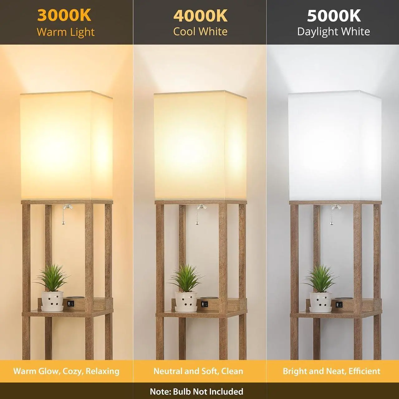 Alt view image 5 of 7 - Mlambert Modern Shelf Floor Lamp with Wireless Charger & Fast Charging USB Ports & Type C Port & 2 Power Outlets,3 Tier Storage Lamp for Bedroom(Wood)