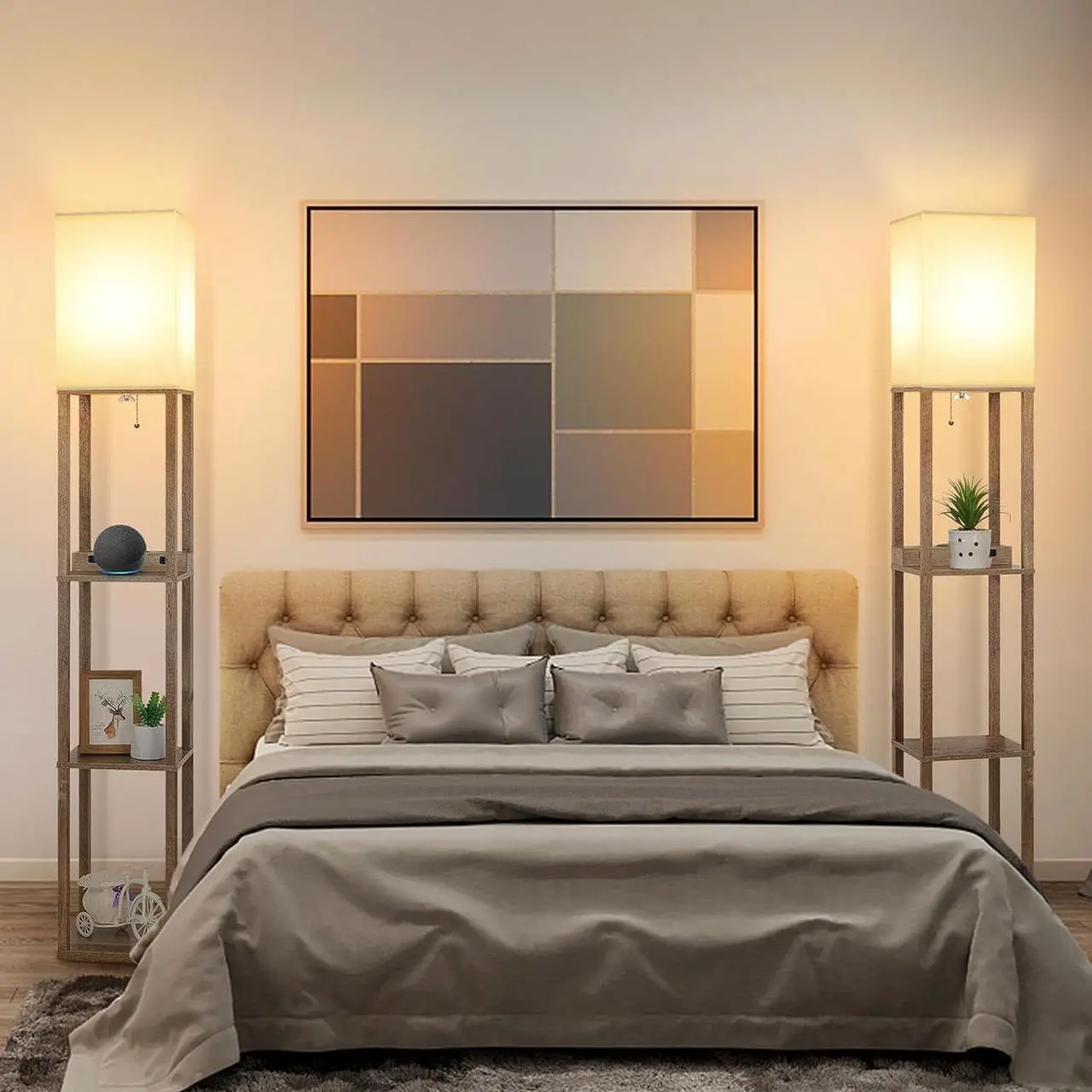 Alt view image 7 of 7 - Mlambert Modern Shelf Floor Lamp with Wireless Charger & Fast Charging USB Ports & Type C Port & 2 Power Outlets,3 Tier Storage Lamp for Bedroom(Wood)