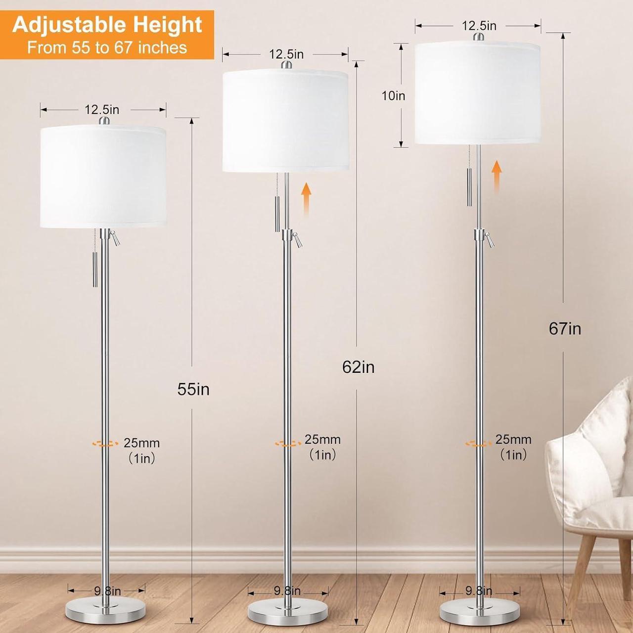 Alt view image 2 of 7 - Brushed Nickel Floor Lamp for Living Room, Adjustable Height Standing Lamp with Metal Base, 3-Way Dimmable Tall Pole Light with White Linen Shade for Bedroom, Pull Chain Switch, 6W LED Bulb Included