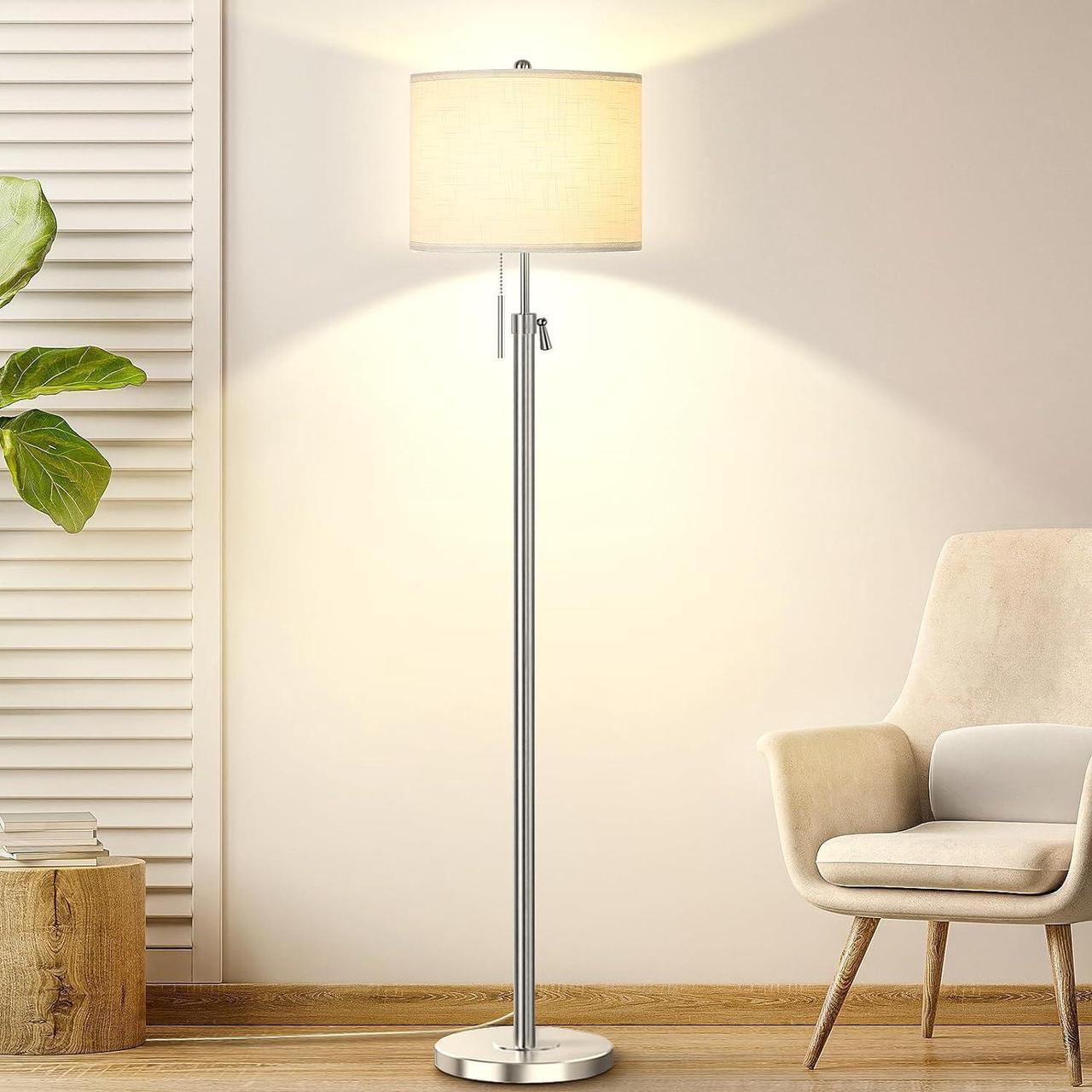 Main image of Brushed Nickel Floor Lamp for Living Room, Adjustable Height Standing Lamp with Metal Base, 3-Way Dimmable Tall Pole Light with White Linen Shade for Bedroom, Pull Chain Switch, 6W LED Bulb Included