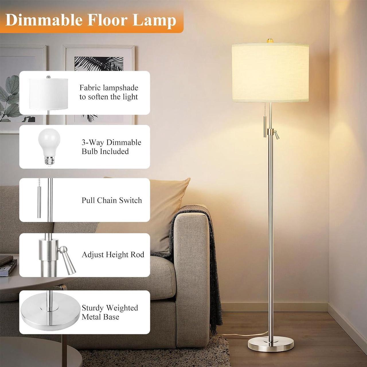 Alt view image 4 of 7 - Brushed Nickel Floor Lamp for Living Room, Adjustable Height Standing Lamp with Metal Base, 3-Way Dimmable Tall Pole Light with White Linen Shade for Bedroom, Pull Chain Switch, 6W LED Bulb Included