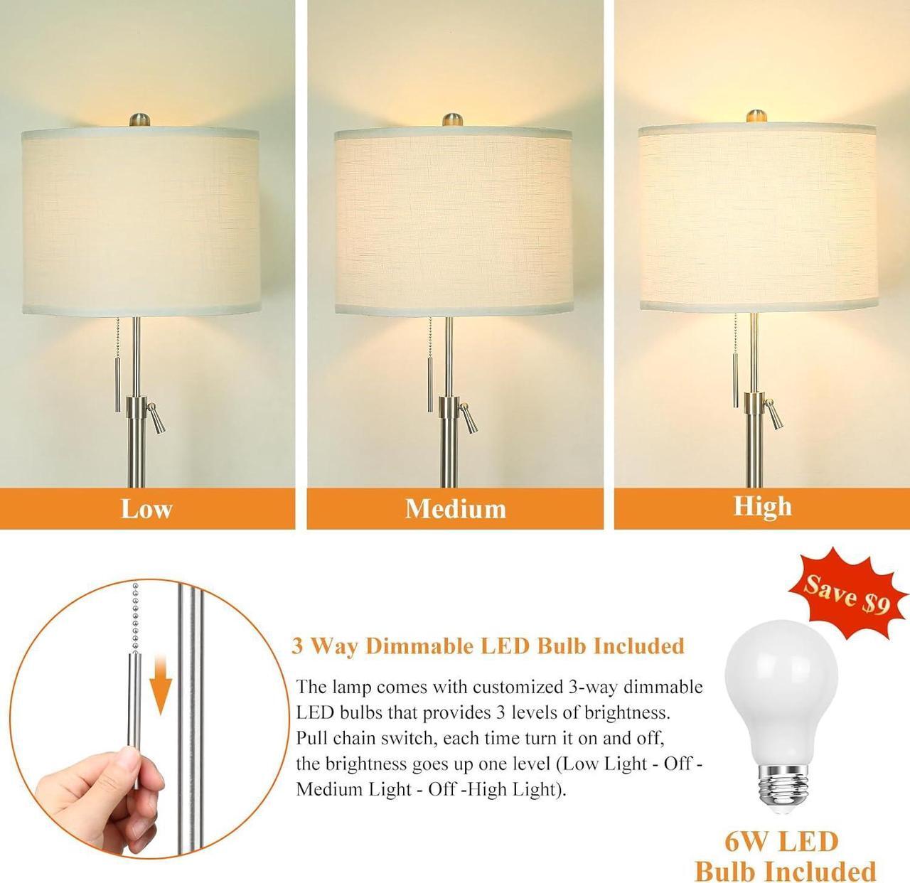 Alt view image 3 of 7 - Brushed Nickel Floor Lamp for Living Room, Adjustable Height Standing Lamp with Metal Base, 3-Way Dimmable Tall Pole Light with White Linen Shade for Bedroom, Pull Chain Switch, 6W LED Bulb Included