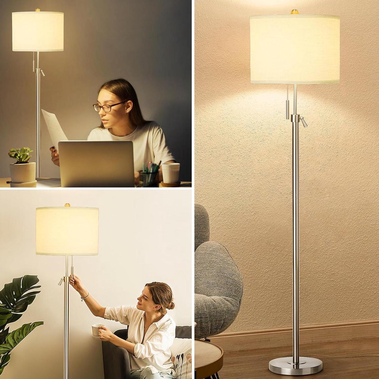 Alt view image 6 of 7 - Brushed Nickel Floor Lamp for Living Room, Adjustable Height Standing Lamp with Metal Base, 3-Way Dimmable Tall Pole Light with White Linen Shade for Bedroom, Pull Chain Switch, 6W LED Bulb Included