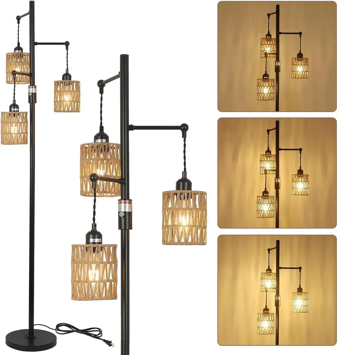Main image of Bohemian Farmhouse Floor Lamp, Black, 65-Inch, Dimmable, 3 E26 UL Sockets, Natural Rattan Shade, Reinforced Metal Base, 24 Months Warranty