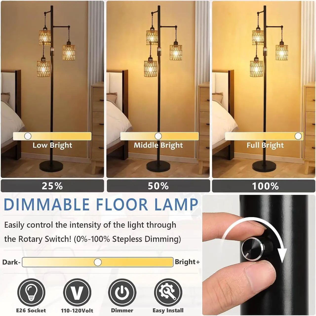 Alt view image 2 of 7 - Bohemian Farmhouse Floor Lamp, Black, 65-Inch, Dimmable, 3 E26 UL Sockets, Natural Rattan Shade, Reinforced Metal Base, 24 Months Warranty