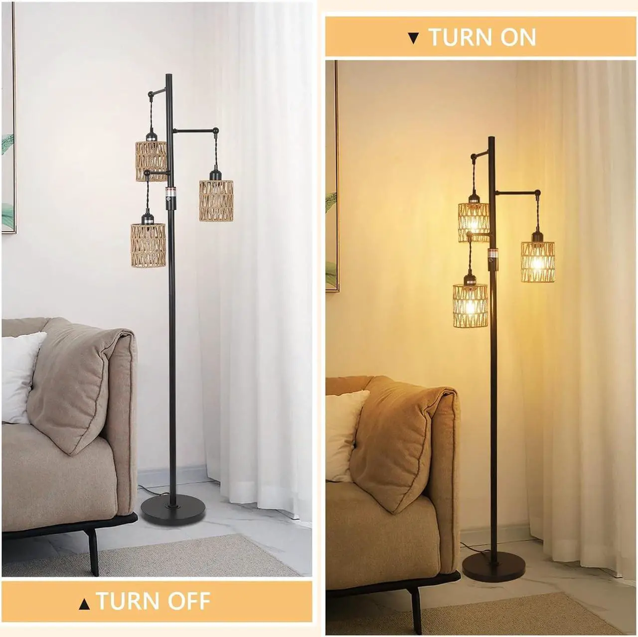 Alt view image 3 of 7 - Bohemian Farmhouse Floor Lamp, Black, 65-Inch, Dimmable, 3 E26 UL Sockets, Natural Rattan Shade, Reinforced Metal Base, 24 Months Warranty